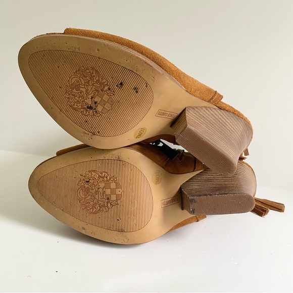 Vince Camuto Janessa Genuine Leather Suede Ankle Wedge Sandals Cognac Brown 7 - Picture 10 of 11
